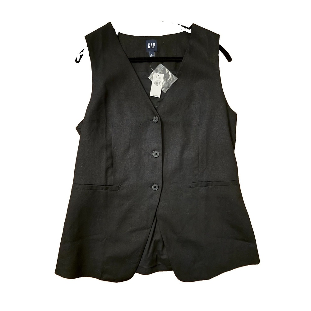 Gap Linen Blend Longline Vest Womens M Black Button Front NWT $79.95